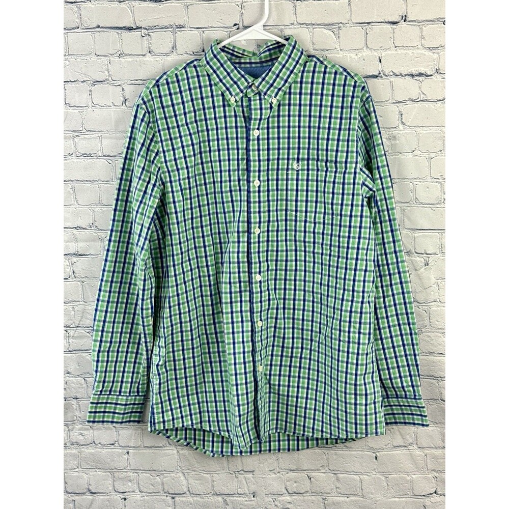 Y2K Chaps Mens LS Sustainable Easy Care Woven Shirt Green/Blue Plaid Sz Large